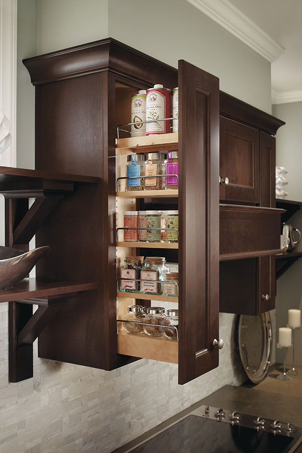 wall spice pull out cabinet in dark wood