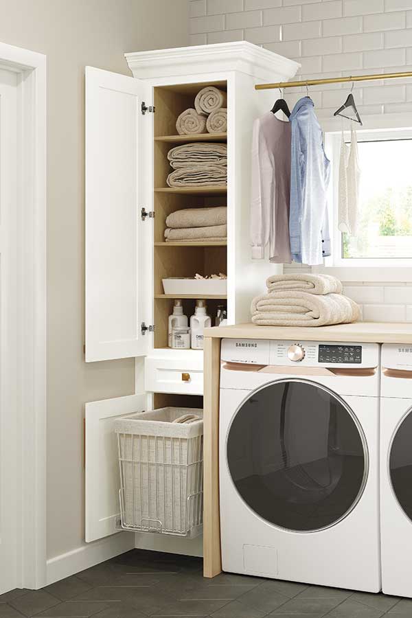 linen utility cabinet with hamper in white