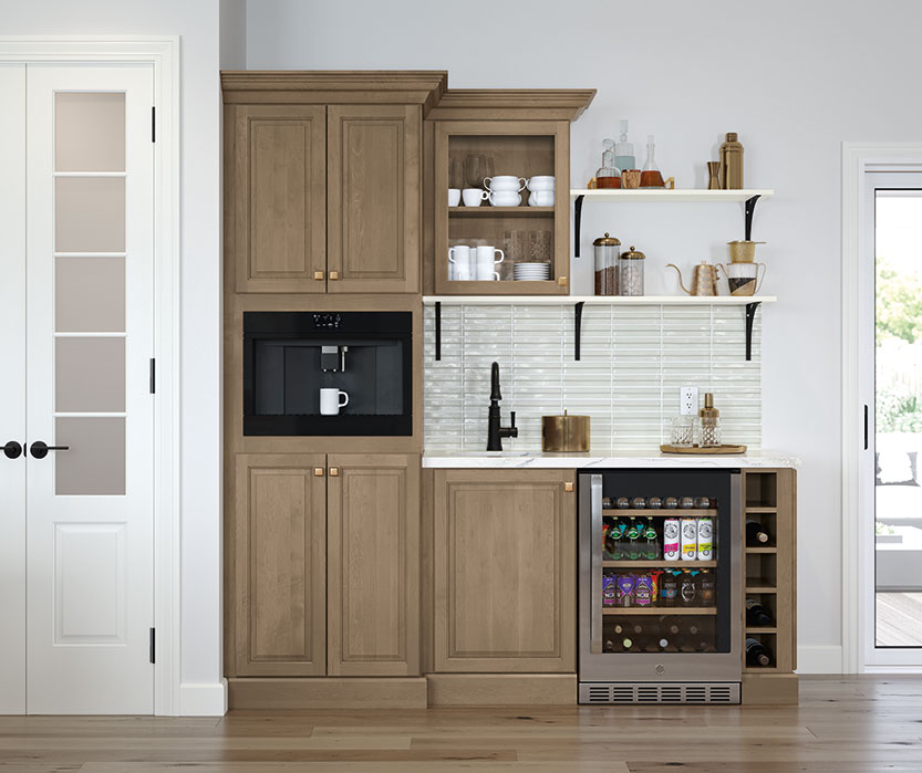 white kitchen with light wooden coffee bar cabinetry displayed around beverage cooler