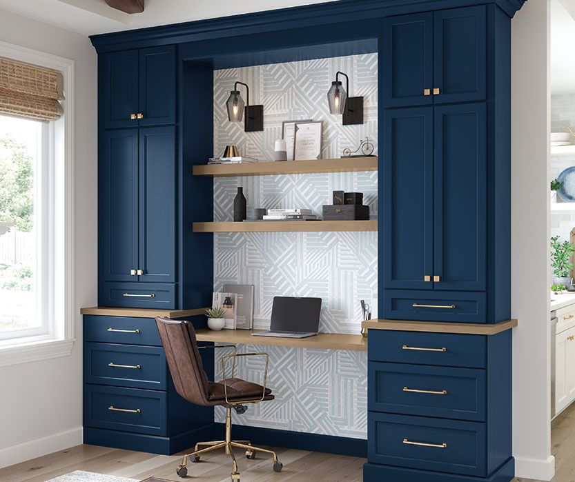 home office with dark blue cabinetry