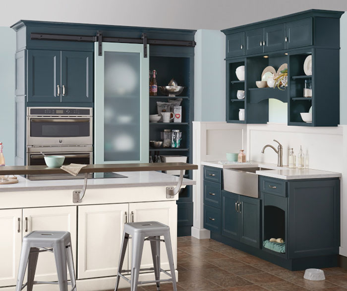 kitchen with dark blue cabinetry